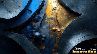 On a cracked surface, blue and yellow metallic curves meet around small spheres