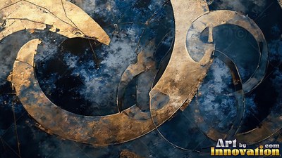 Curving across dark blue stone, weathered gold metal rings overlap each other