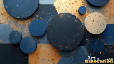 Flat blue and gold metal cylinders over rusty shapes
