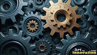 Bronze textured teeth on a round gear set into a wall of dark blue metal cogs