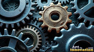 Metallic gears mesh together under soft light on dark blue and bronze surfaces