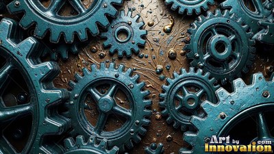 Laid flat on a textured brown surface, teal metal gears interlock together