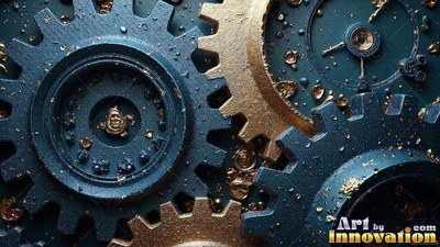 A close look at dark blue and gold gears fitted together with flecks of metal