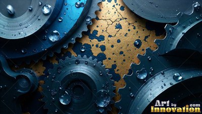 Covered in water droplets, blue gears rest over a cracked gold surface