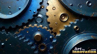 Blue and brass gears fitted together closely