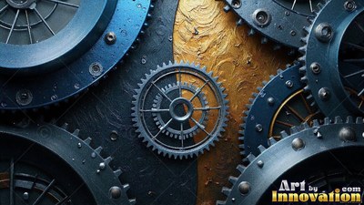 Blue metal gears interlock across a textured gold and black surface under soft light