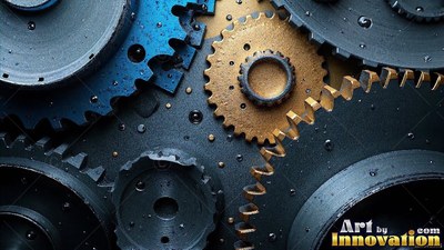 Close up from above, interlocking blue and gold gears rest in machine parts