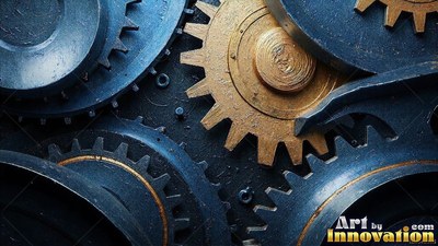 Inside a dark machine, blue and gold gears interlock tightly