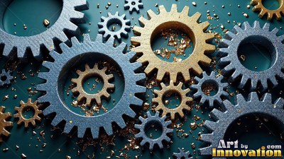 Meshing across a dark green tabletop, silver and gold gears lie with metal chips