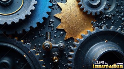 Metallic gears with a gold star cog on oily dark metal