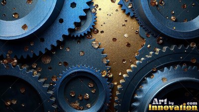 Sharp blue cog teeth interlock across a dark surface dusted with gold specks