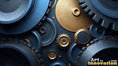 Tilted overhead, blue and brass mechanical cogs interlock on a dark surface