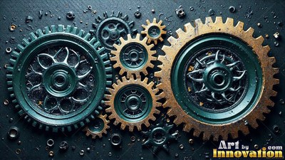 Green and bronze gears interlock closely on a dark spotted surface