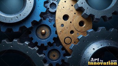 In a dark workshop, interlocking blue and brass gears rest together