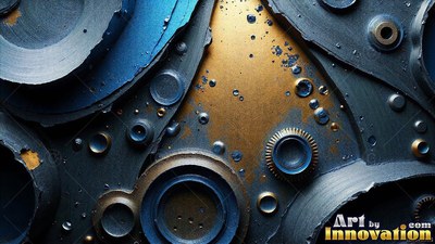 Overlapping in layers, blue and gold gears rest on a textured surface