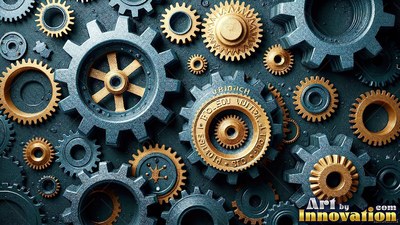 Interlocking steel and brass gears on a dark rough surface