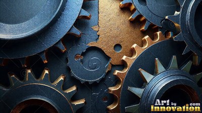 Interlocking teeth on blue metal cogs mesh with a rough brass gear under warm light