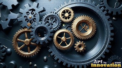 Brass and steel gears interlock together under a cool white overhead light