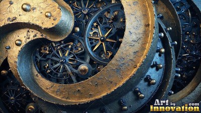 Viewed up close inside a dark machine, textured gold gears and cogs curve