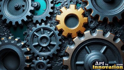 Dark metal gears turn together around a single bright bronze cog