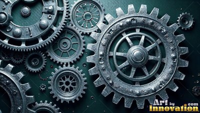 On a dark surface, interlocking metal gears and cogs rest together