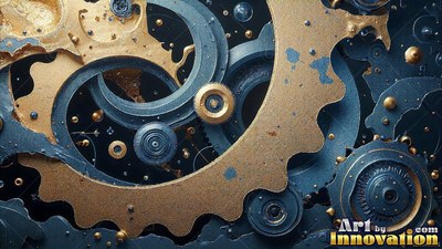Interlocking in close view, weathered brass and blue steel gears overlap