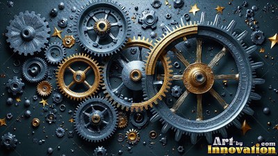 Interlocking silver and brass gears on a dark surface