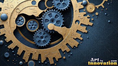 Toothed edges on gold gears connect with blue steel cogs over a dark textured surface