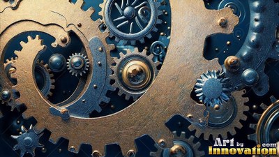 Bronze gears interlock with steel wheels under soft, warm lighting