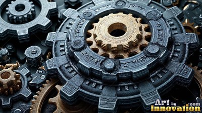 Tilted at an angle on a machine floor, steel and brass cogs interlock