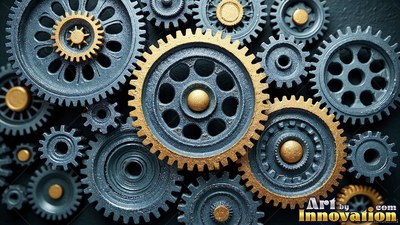Interlocking gray and gold gears fitted together flat on a dark surface
