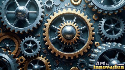 On a dark surface, steel and brass cogs interlock together under bright light