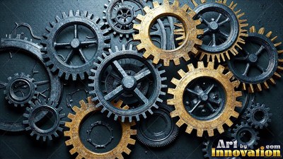Interlocking brass and dark steel cogs on a dark surface