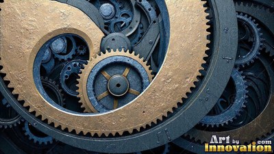 Spiraling brass gear teeth mesh together over dark blue cogs inside a machine clockwork