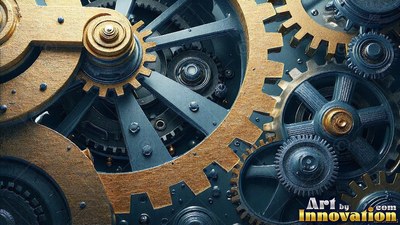 Metal gears interlock tightly together under soft highlights on the gold rims