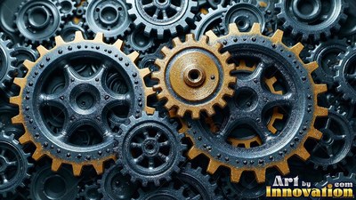 Facing front on a flat plane, interlocking dark gears turn with brass cogs