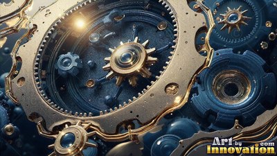 Gold and dark blue clockwork gears fit together in close focus