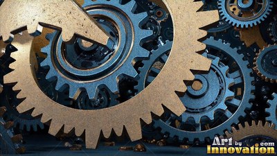 In a dark workshop, interlocking brass and steel gears mesh together closely