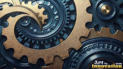 Curling across dark blue machinery, brass gears interlock in soft light