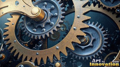 Brass and steel clockwork gears interlocking closely