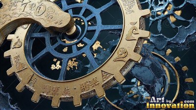 Engraved gold teeth circle a dark blue metal gear surrounded by rough black cogs