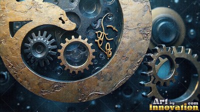 Brass and steel gears interlock closely under soft, speckled blue light