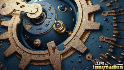 Tilted close up on brass clock gears set against a dark blue plate