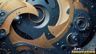 Curved gold metal blades spin over dark blue gears and tiny ball bearings