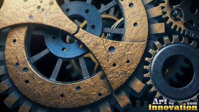 In a dark machine, textured brass and steel gears interlock closely together
