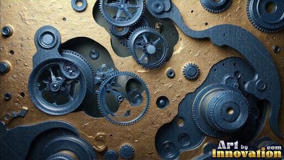 Fitting together across rough brass plates, dark steel gears mesh in clockwork layers