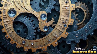 Gold and dark blue gears with small blue gems
