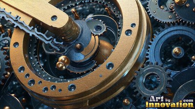 A brass ring with small circular holes turns over blue steel gears in soft light