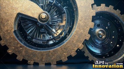 Heavy brass cogs interlock together under warm overhead light