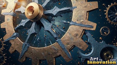Tilted close-up of a rustic brass gear over dark blue water